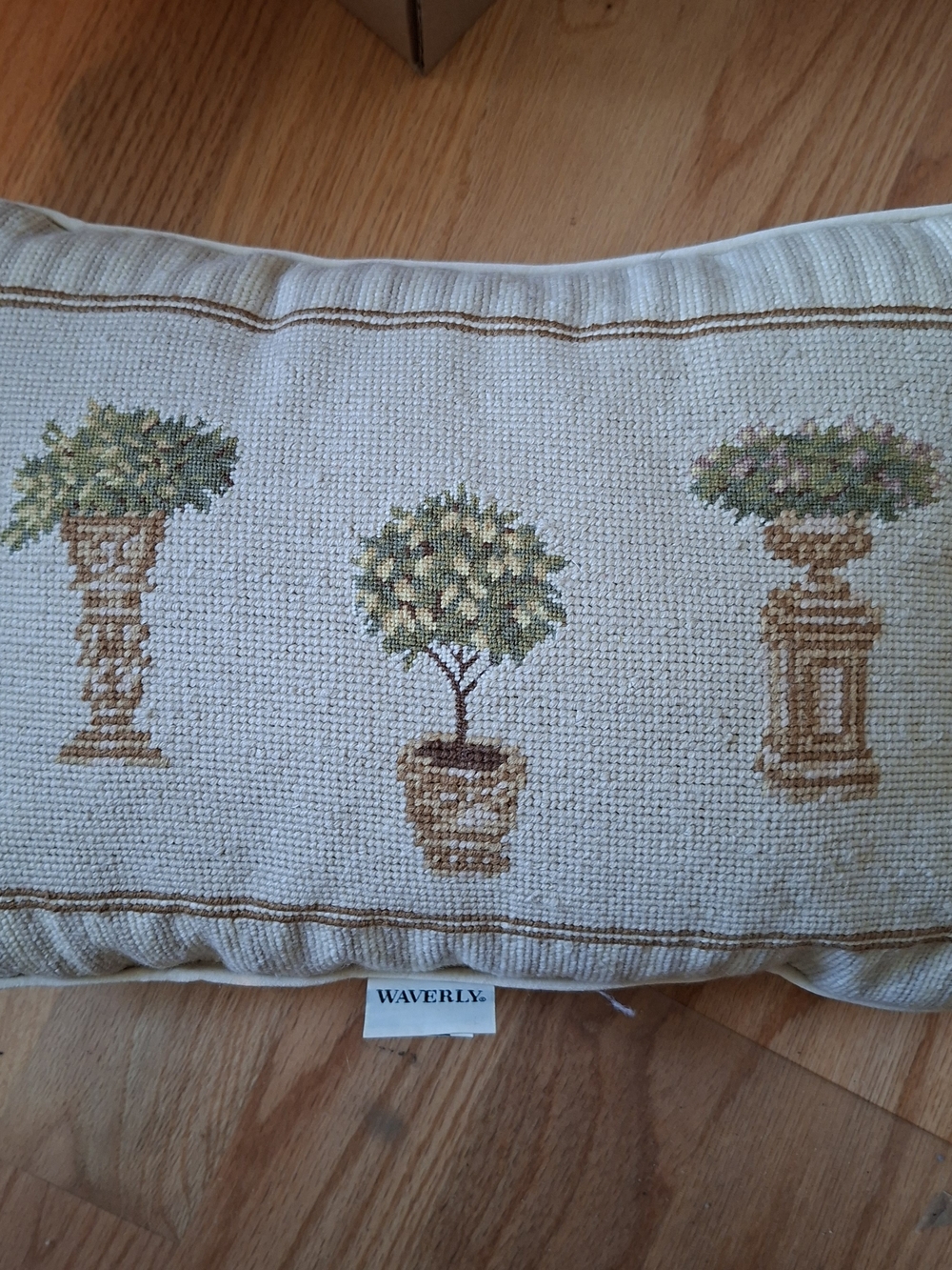 Waverly Cream Accent Pillow with Embroidered Topiary Trio
